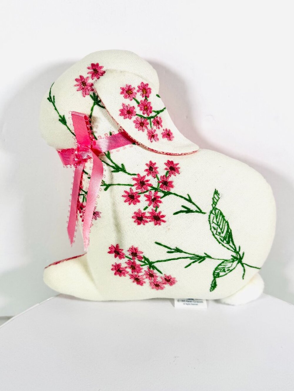 Vtg 1995 Bunny Shaped Stuffed Pillow 8" Embroidery Pink Floral Pillow Easter
